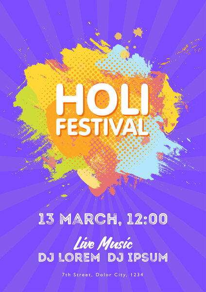 Holi spring festival of colors invitation template with colorful powder paint clouds and sample text. Blue, yellow, pink and orange powder paint. Vector illustration.