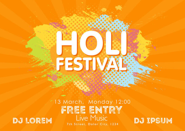 Holi spring festival of colors invitation template with colorful powder paint clouds and sample text. Blue, yellow, pink and orange powder paint. Vector illustration.