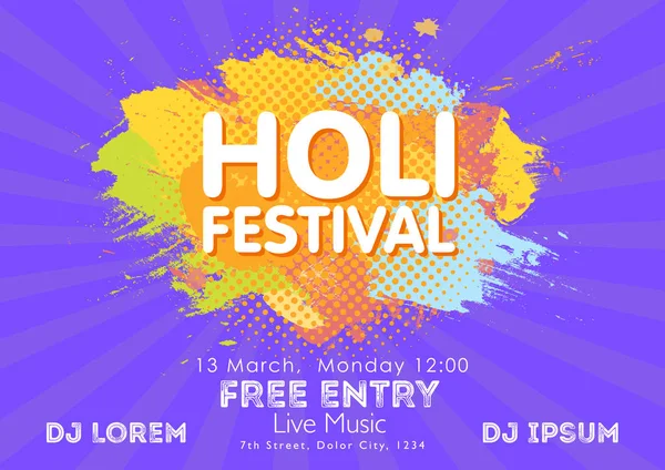 Holi vårfest av färger inbjudan mall med färgglada pulver färg moln och exempeltext. Blå, gul, rosa och orange pulverlack. Vektorillustration. — Stock vektor