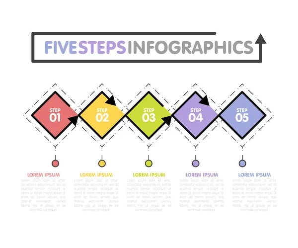 Modelo de infográficos de negócios. Linha do tempo com 5 losango, passos, cinco opções de números. Vetor — Vetor de Stock