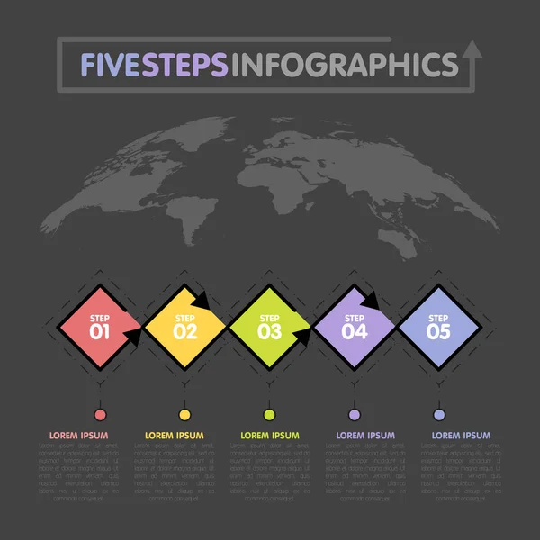 Business infographics sjabloon. Tijdlijn met 5 rhombus stappen, nummer vijf opties. Kaart van de wereld in de achtergrond. Vectorelement — Stockvector