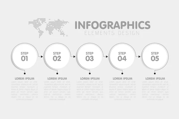 Modelo de infográficos de negócios. Linha do tempo com 5 passos de seta círculo, cinco opções de número. Mapa Mundial em segundo plano. Elemento vetorial — Vetor de Stock