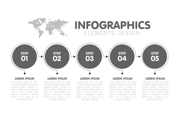 Modelo de infográficos de negócios. Linha do tempo com 5 passos de seta círculo, cinco opções de número. Mapa Mundial em segundo plano. Elemento vetorial — Vetor de Stock