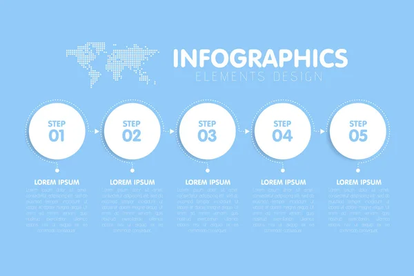 Modelo de infográficos de negócios. Linha do tempo com 5 passos de seta círculo, cinco opções de número. Mapa Mundial em segundo plano. Elemento vetorial — Vetor de Stock