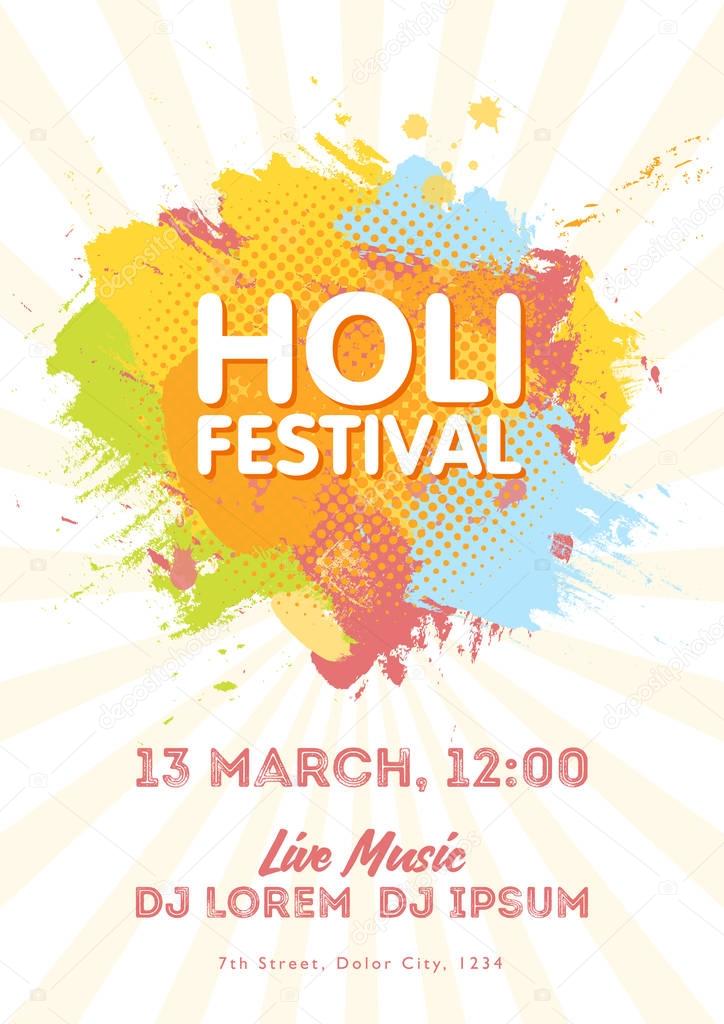 Holi spring festival of colors invitation template with colorful powder paint clouds and sample text. Blue, yellow, pink and orange powder paint. Vector illustration.