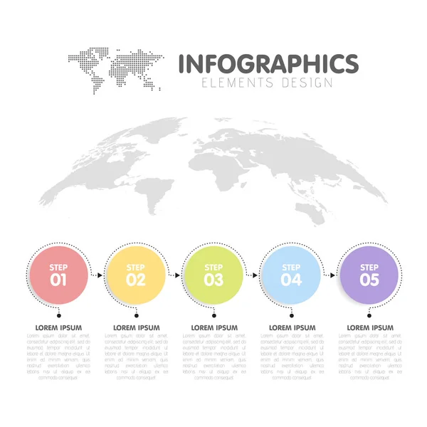 Zakelijke infographics template. Tijdlijn met 5 cirkel pijl stappen, vijf nummer opties. Wereldkaart op de achtergrond. Vectorelement — Stockvector