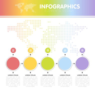 İnfographics adımlarla beş daireler ile noktalı Dünya Haritası ile vektör çizim