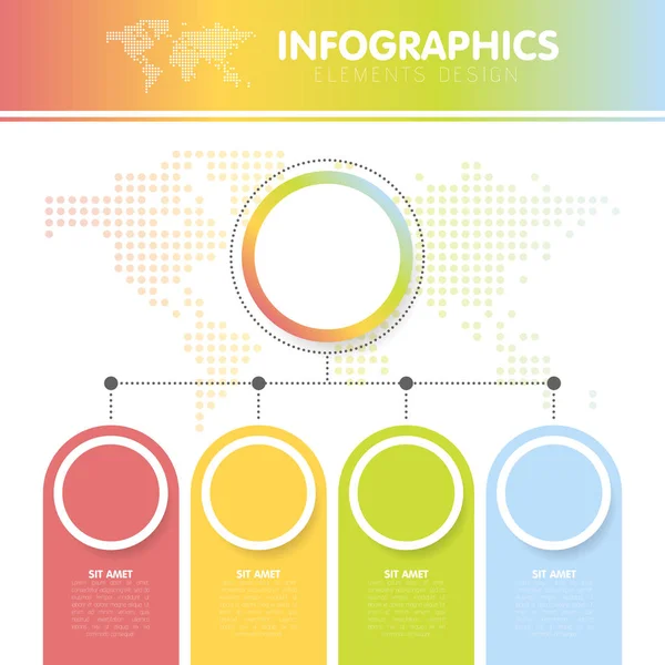 Vectorillustratie van de infographics met de gestippelde wereldkaart met de vier cirkels met stappen — Stockvector