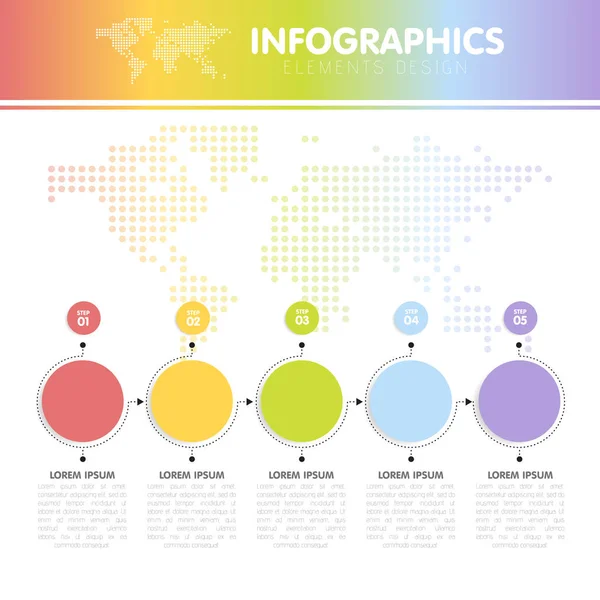 Vectorillustratie van de infographics met de gestippelde wereldkaart met de vijf cirkels met stappen — Stockvector