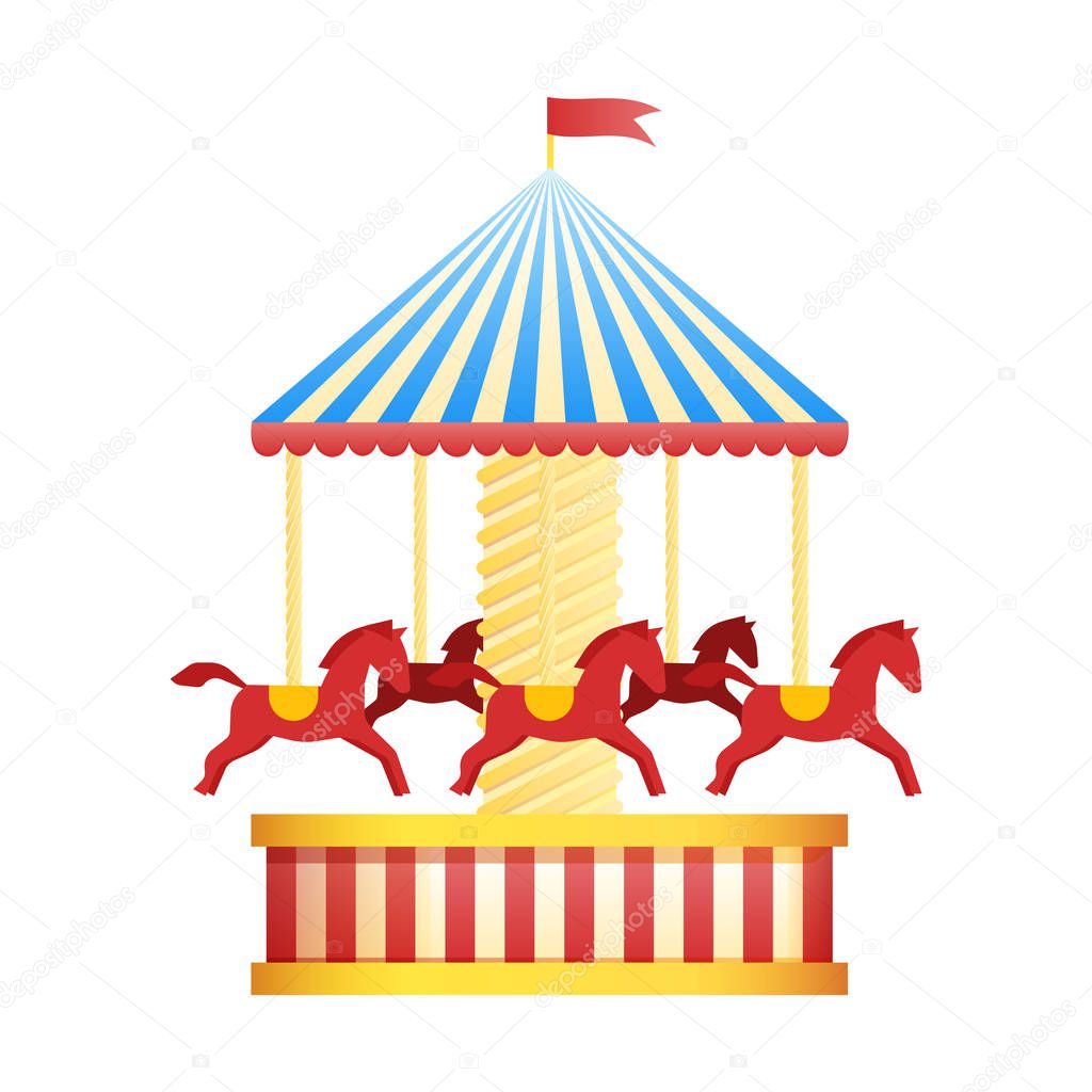 Vintage merry-go-round carousel icon, fair symbol. Amusement park theme. Cartoon vector illustration. Set of attractions. Funfair. Good emotions