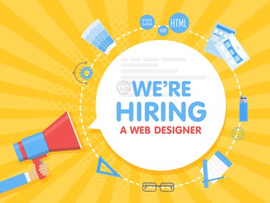 Biz bir web tasarımcısı. Megafon kavramı vektör çizim. Banner şablon, reklamlar, arama graphick sanatçı iş için işe çalışanlar için
