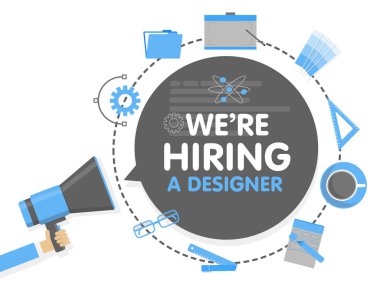 Biz bir tasarımcı kiralamak. Megafon kavramı vektör çizim. Banner şablon, reklamlar, arama graphick sanatçı iş için işe çalışanlar için