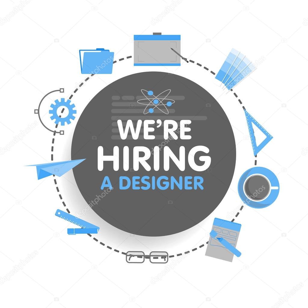 We hire a designer. Megaphone concept vector illustration. Banner template, ads, search for employees, hiring graphick artist for work.