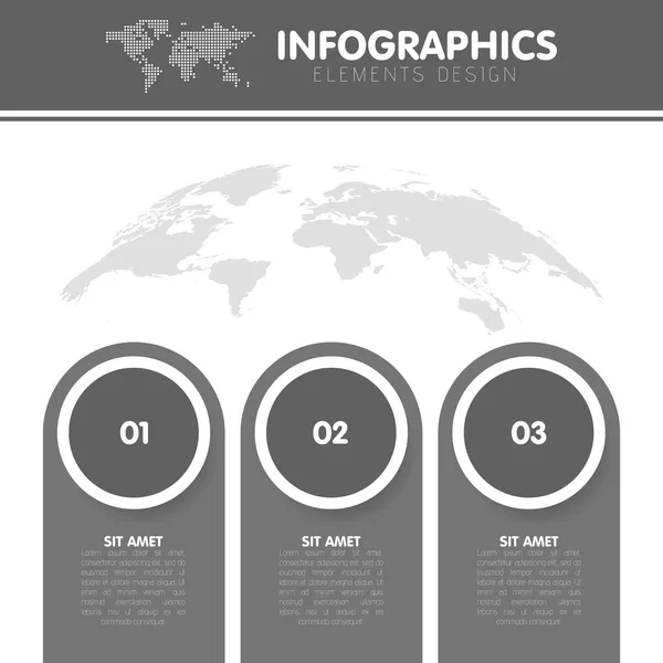 Vectorillustratie van de infographics met de kaart van de wereld met de drie cirkels met stappen — Stockvector