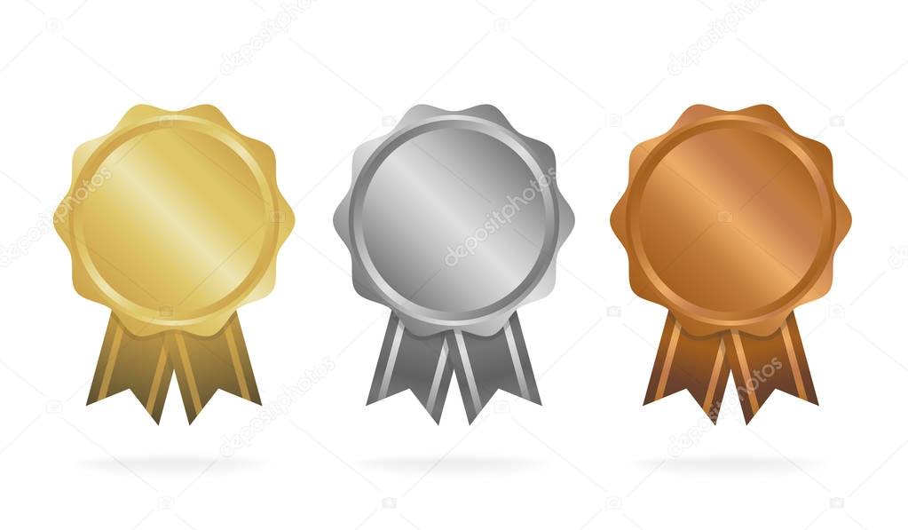 First place. Second place. Third place. Award Medals Set isolated on white with ribbons and stars. Vector illustration