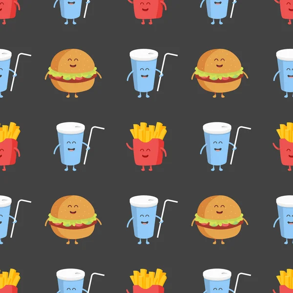 Franch friet, hamburger en cola naadloze patroon. Sjabloon voor kinderen menu restaurant. Vectorillustratie — Stockvector