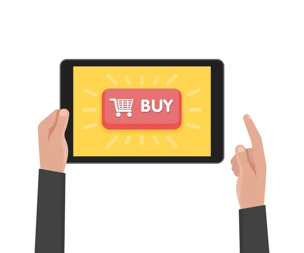 Hombre de mano tableta con botones de compra de plantilla de sitio web. Ilustración vectorial — Vector de stock