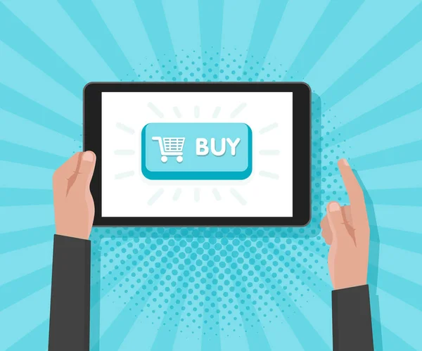 Hombre de mano tableta con botones de compra de plantilla de sitio web. Ilustración vectorial — Vector de stock