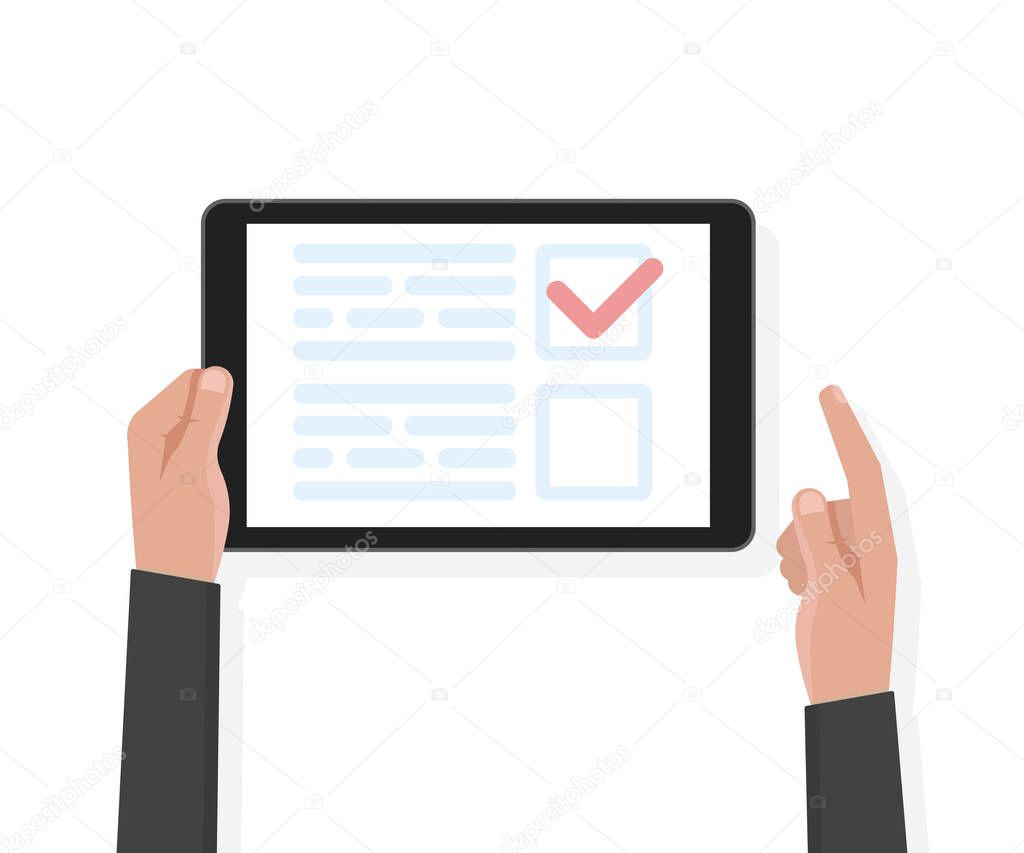 Man hand hold tablet computer with test and voting template. Vector illustration