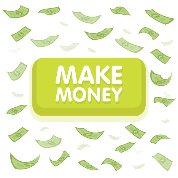 Make money button concept. Dollar money rain. Hundred banknotes flying. Seamless finance background. Vector illustration — Stock Vector