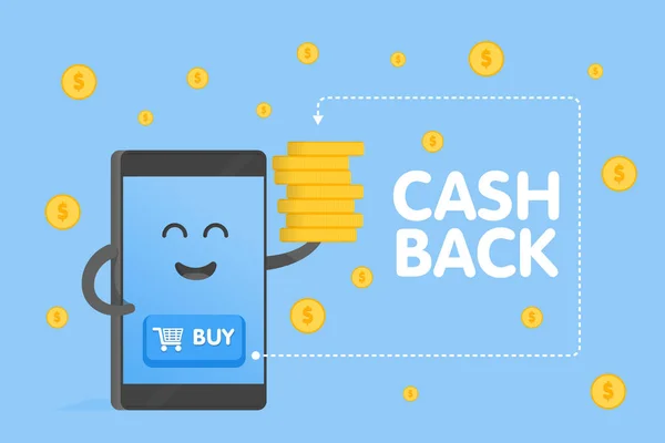 Personagens de smartphones de desenhos animados bonitos com ícone de botões de compra e moedas caem fundo de chuva. Cashback conceito vetor ilustração — Vetor de Stock