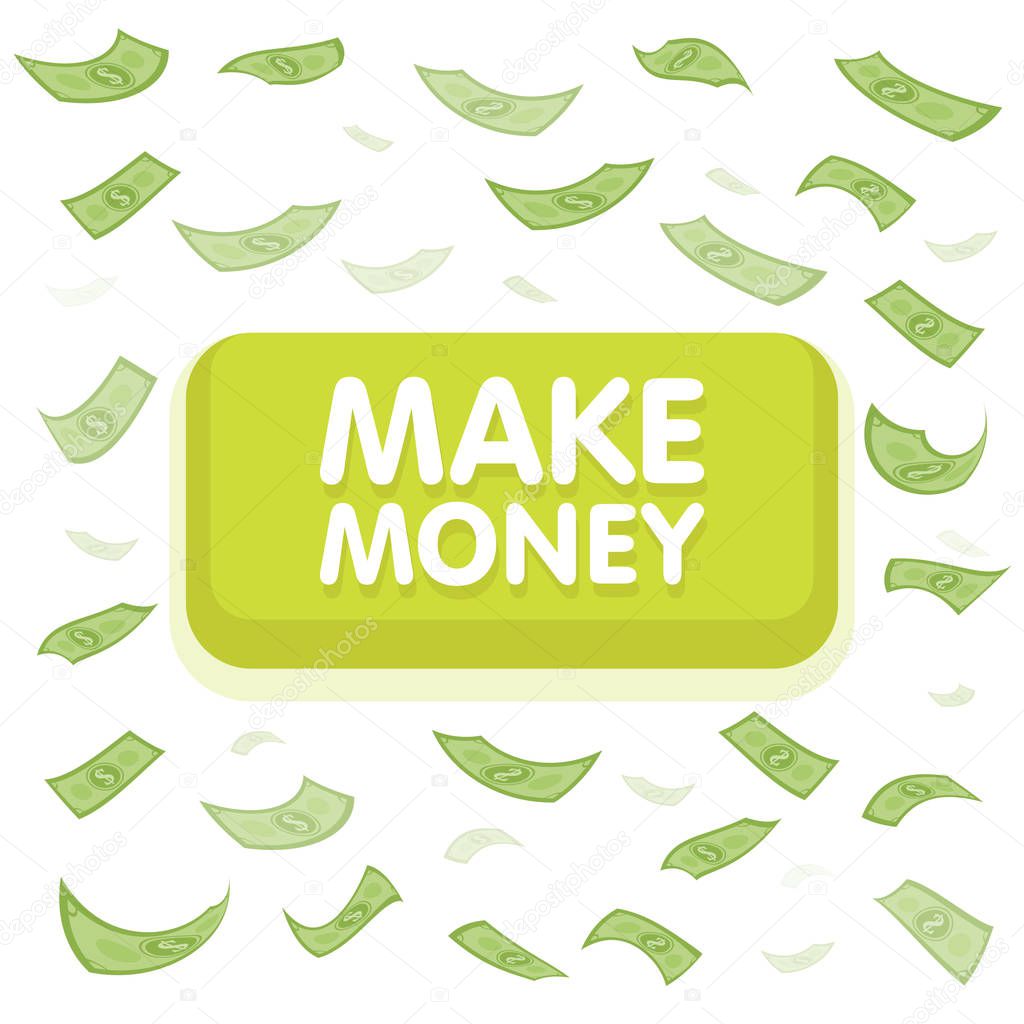 Make money button concept. Dollar money rain. Hundred banknotes flying. Seamless finance background. Vector illustration
