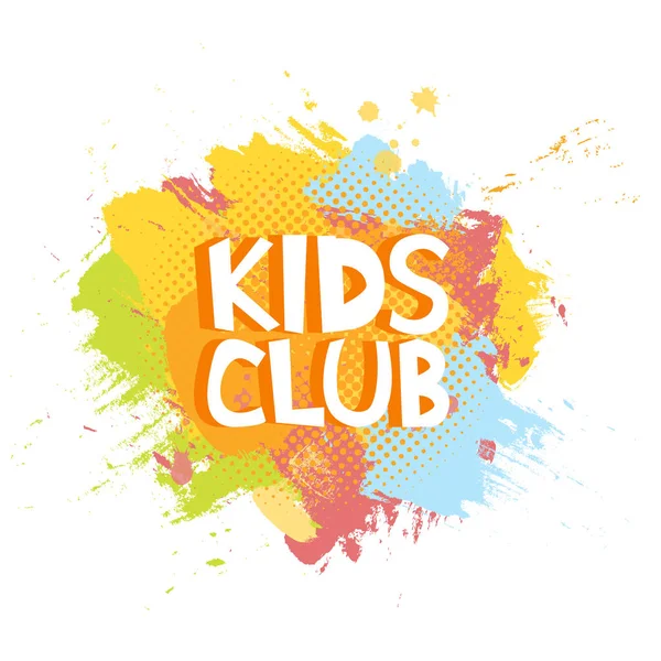 Kids Club leuk brieven in abstracte kleurrijke verf penseel grunge achtergrond. Vector logo afbeelding sjabloon — Stockvector