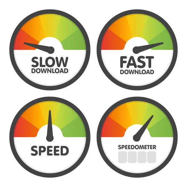 Compteurs de vitesse ronds réglés avec téléchargement lent et rapide. Illustration vectorielle — Image vectorielle