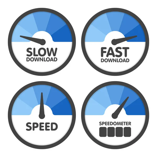 Tachimetri rotondi impostati con download a velocità lenta e veloce. Illustrazione vettoriale — Vettoriale Stock