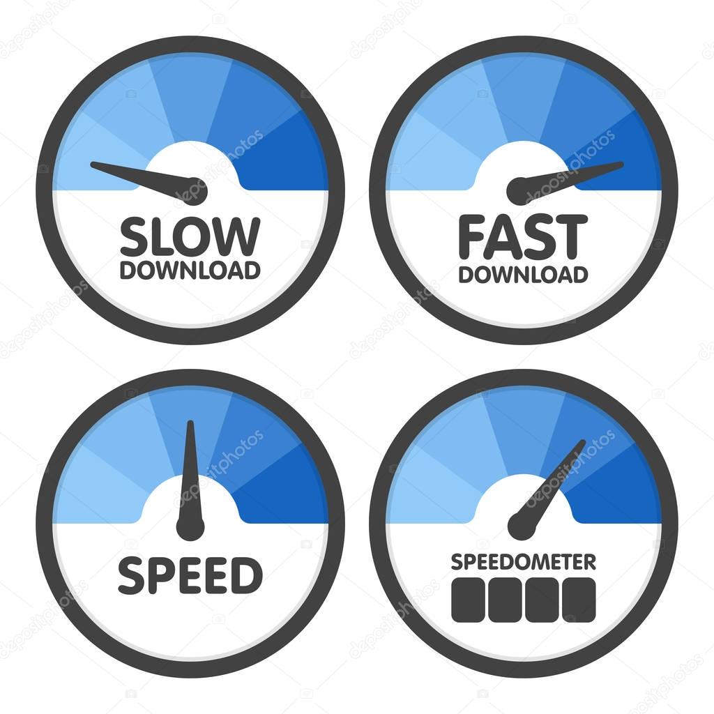 Round Speedometers set with slow and fast speed download. Vector illustration