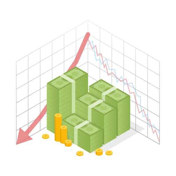 Ícone isométrico pilha de dinheiro vermelho recessão gráfico com seta para baixo. Dólar verde e moedas de ouro. Ilustração vetorial —  Vetores de Stock