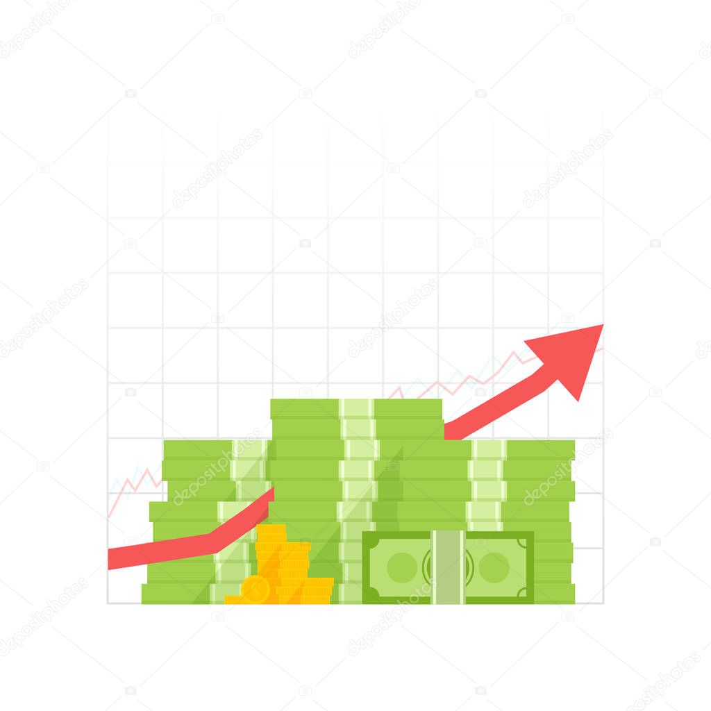 Money growth icon. Pile dollar and gold coins with up arrow. Vector illustration