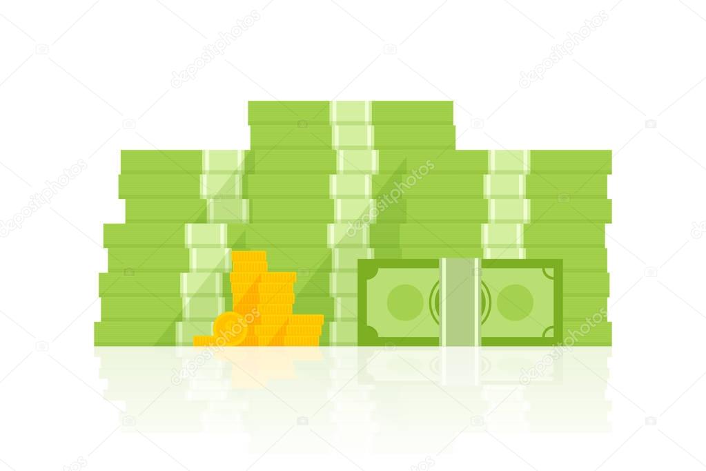 Big pile of money vector illustration, heap of cash flat cartoon style