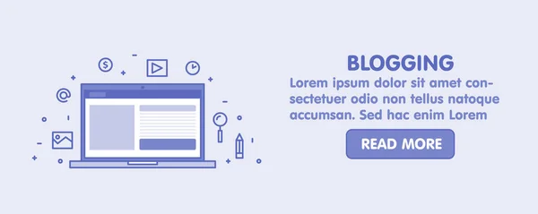 Lijn Blogging concept webbanner. Laptop scherm en pictogram instellen vectorillustratie — Stockvector