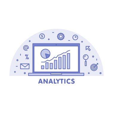 Çevrimiçi analitik kavramı hat illüstrasyon. Laptop ile web sayfası grafik diyagramı ekran ve doğrusal simge vektör