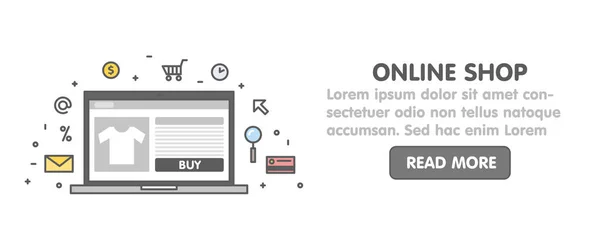 Ilustración de línea de concepto tienda en línea. Portátil con pantalla de página web e icono lineal banner web vector — Vector de stock