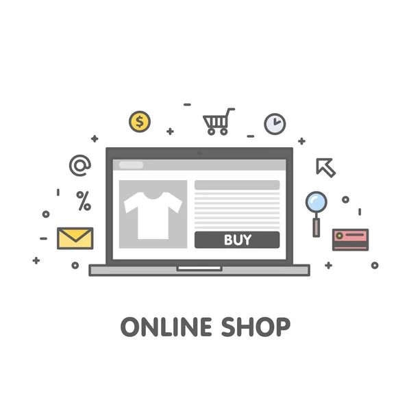 Ilustración de línea de concepto tienda en línea. Portátil con pantalla de página web y vector de icono lineal — Vector de stock