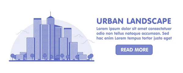 Line Art of Modern Big City Fundo com arranha-céus e árvores. Estilo linear moderno Vector Ilustração web banner —  Vetores de Stock