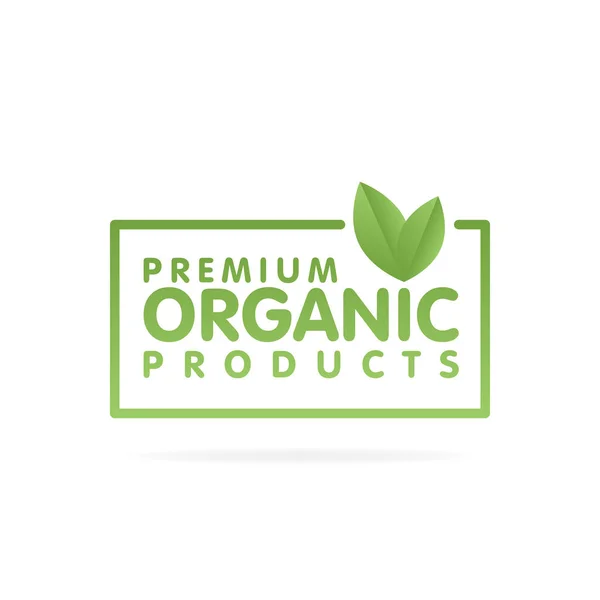 Banner de produtos orgânicos premium. Texto e moldura com folha verde. Ilustração vetorial — Vetor de Stock