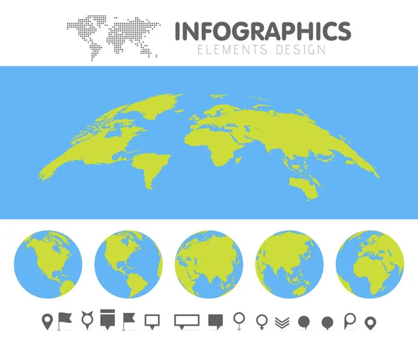 Verde e azul cartoon mundo mapa globo e conjunto de coleção de pinos. Modelo para ilustração vetorial de infográficos —  Vetores de Stock