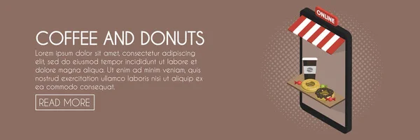 Online-shop-concept, koffie en donuts. Isometrische telefoon storefront vectorillustratie. Web-sjabloon voor spandoek — Stockvector