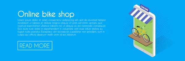 Online bike shop concept. Illustrazione vettoriale del telefono isometrico. Modello banner web — Vettoriale Stock