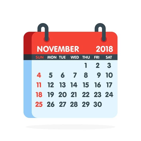 Ημερολόγιο για το έτος 2018. Πλήρη μήνα του Νοεμβρίου εικονίδιο. Εικονογράφηση διάνυσμα — Διανυσματικό Αρχείο