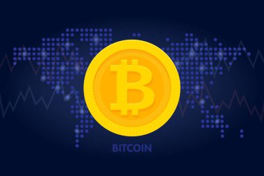 Cryptocurrency, sanal para, dijital para, ecash için dünya harita arka planda altın bitcoin simgesi. Vektör çizim