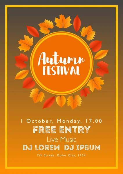 Na podzim Festival šablona. Zářivě barevné podzimní listí na vertikální pozadí. Šablona pro svátky, koncerty a stran. Podzimní téma — Stockový vektor