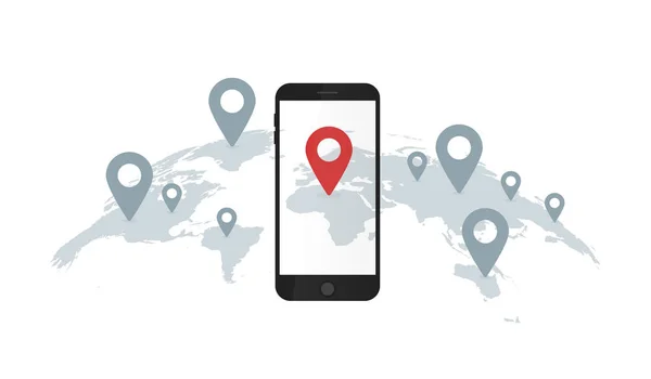 Smartphone e pin di geolocalizzazione — Vettoriale Stock