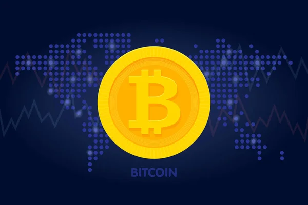 Значок Golden bitcoin на фоне карты мира для криптовалют, виртуальной валюты, цифровых денег, ecash. Векторная иллюстрация — стоковый вектор