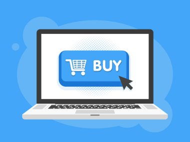 Modern satın düğmesi tasarım fare ile sembol Laptop dizüstü bilgisayar ekranında'ı tıklatın. Vektör çizim
