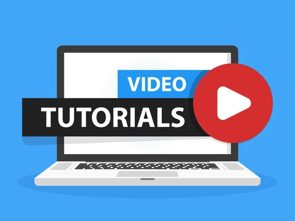 Tutoriais de vídeo on-line botão de educação na tela do computador portátil notebook. Jogar conceito de lição. Ilustração vetorial — Vetor de Stock