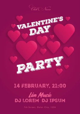 Sevgililer günü daveti ilanı. Şablon kulüp için müzik akşamları. Müzisyenler, Djs. gece Festival partisi tarafından konuşma. Arka plan yürekleri. Vektör çizimler